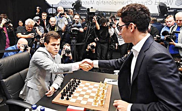 Magnus Carlsen, eserita, Fabiano Caruanari bostekoa ematen.